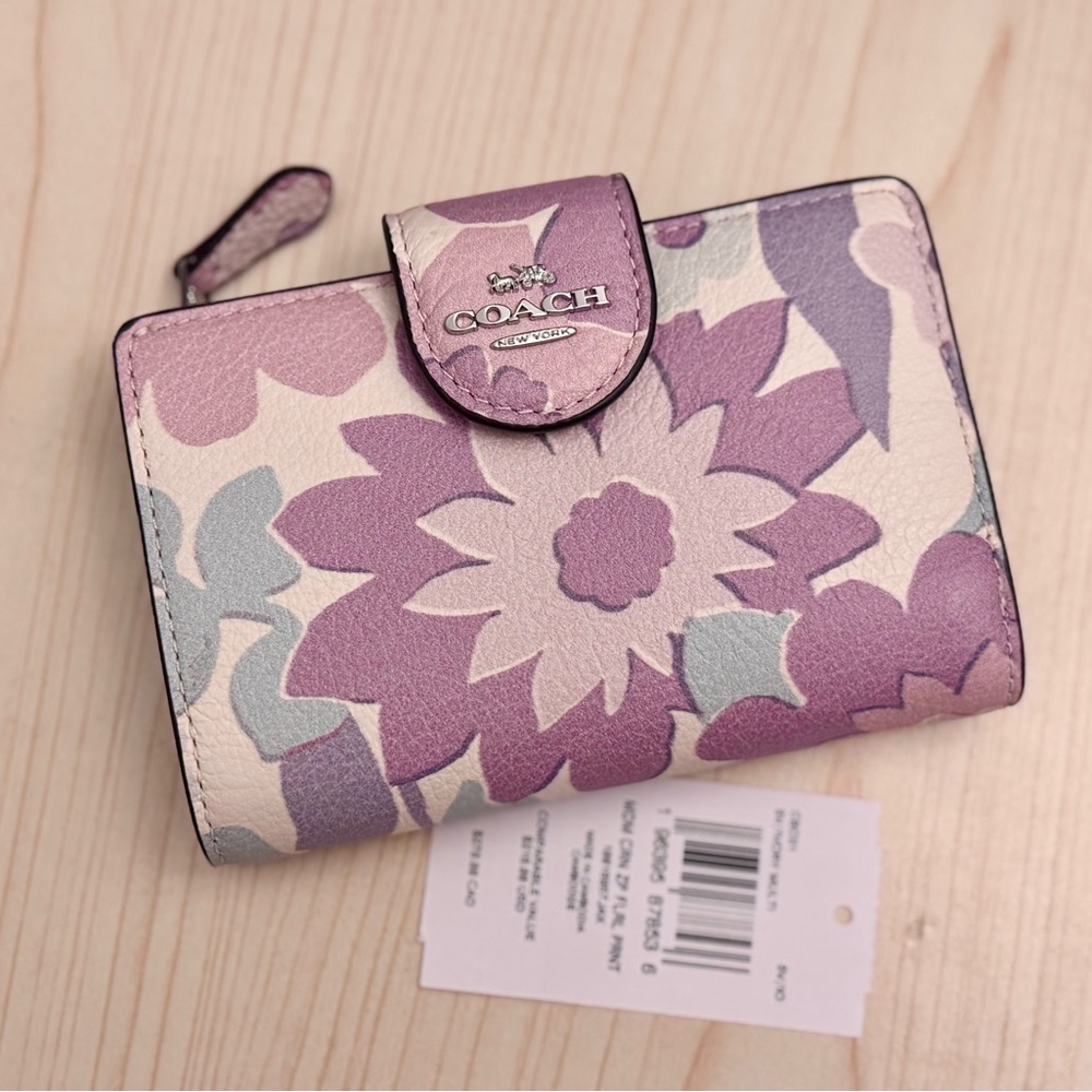 COACH Medium Corner Zip Wallet With Floral Print Ivory/Purple/Pink Multi CBO31